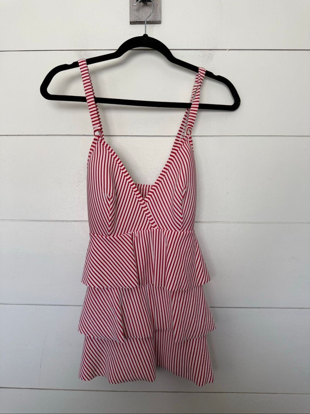 Swim by Cacique Women’s 14 Red White Striped Ruffle Top Swim